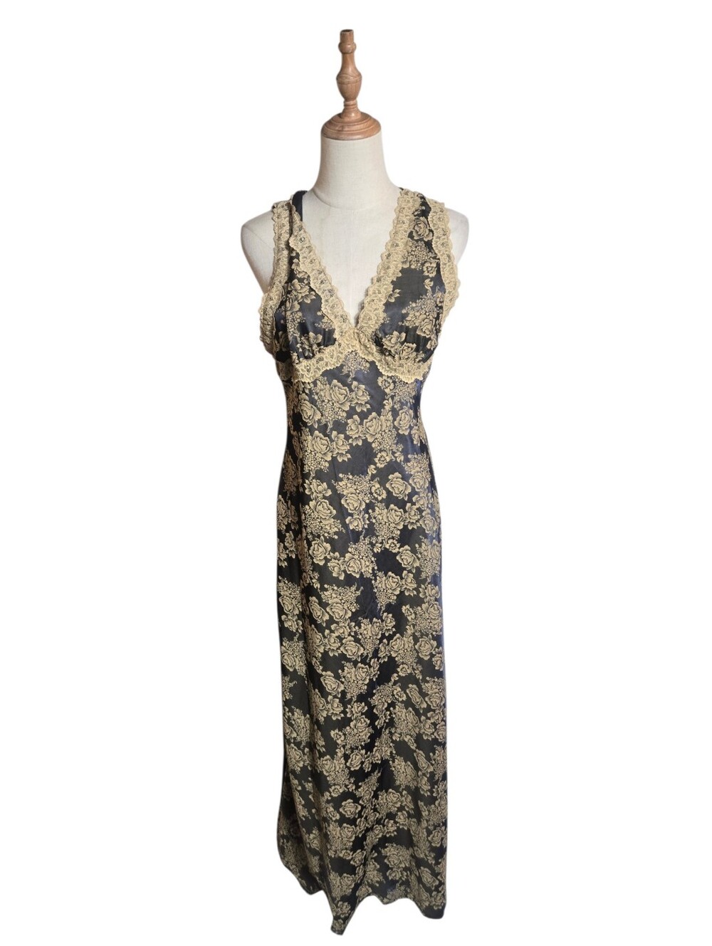 Thirty Thirty Black and Tan Lace Trim Satin Maxi Vuctorian Whimsigoth Slip Dress